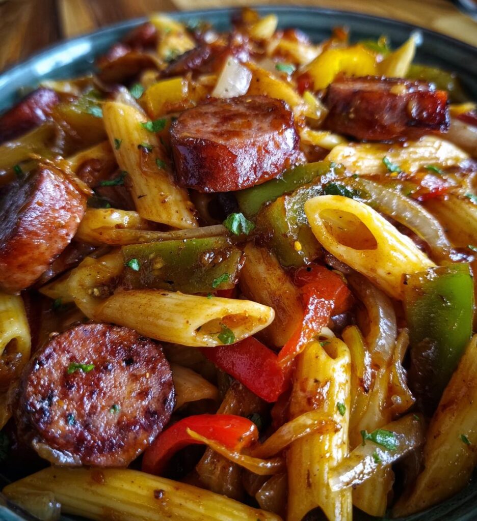 One-Skillet Spicy Honey BBQ Sausage & Pasta
