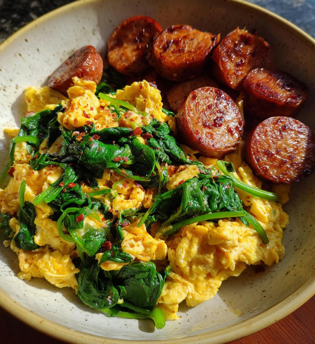 Protein-Packed Scrambled Eggs with Chicken Sausage & Sautéed Spinach - detail 1