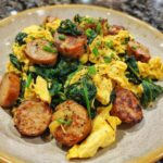 Protein-Packed Scrambled Eggs with Chicken Sausage & Sautéed Spinach