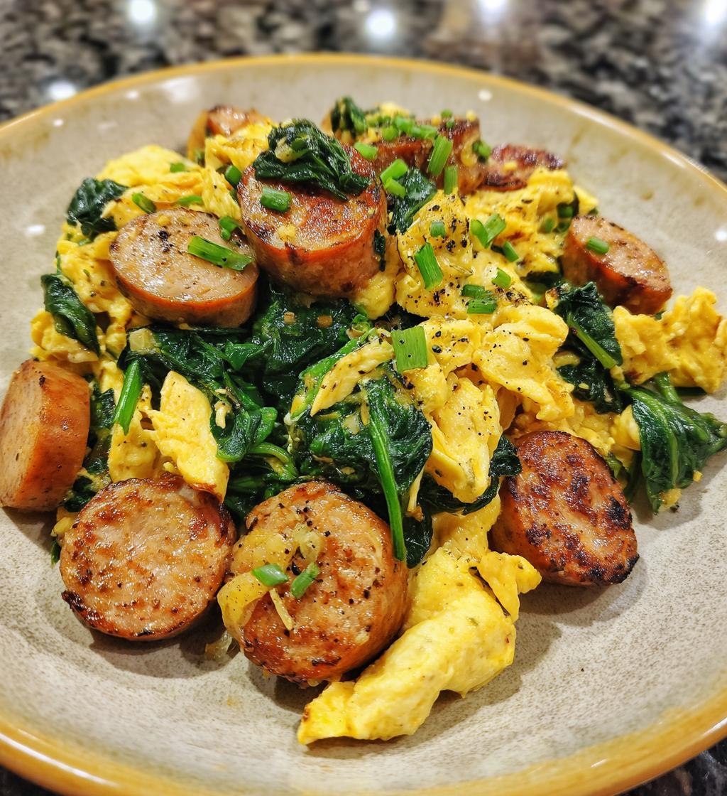 Protein-Packed Scrambled Eggs with Chicken Sausage & Sautéed Spinach