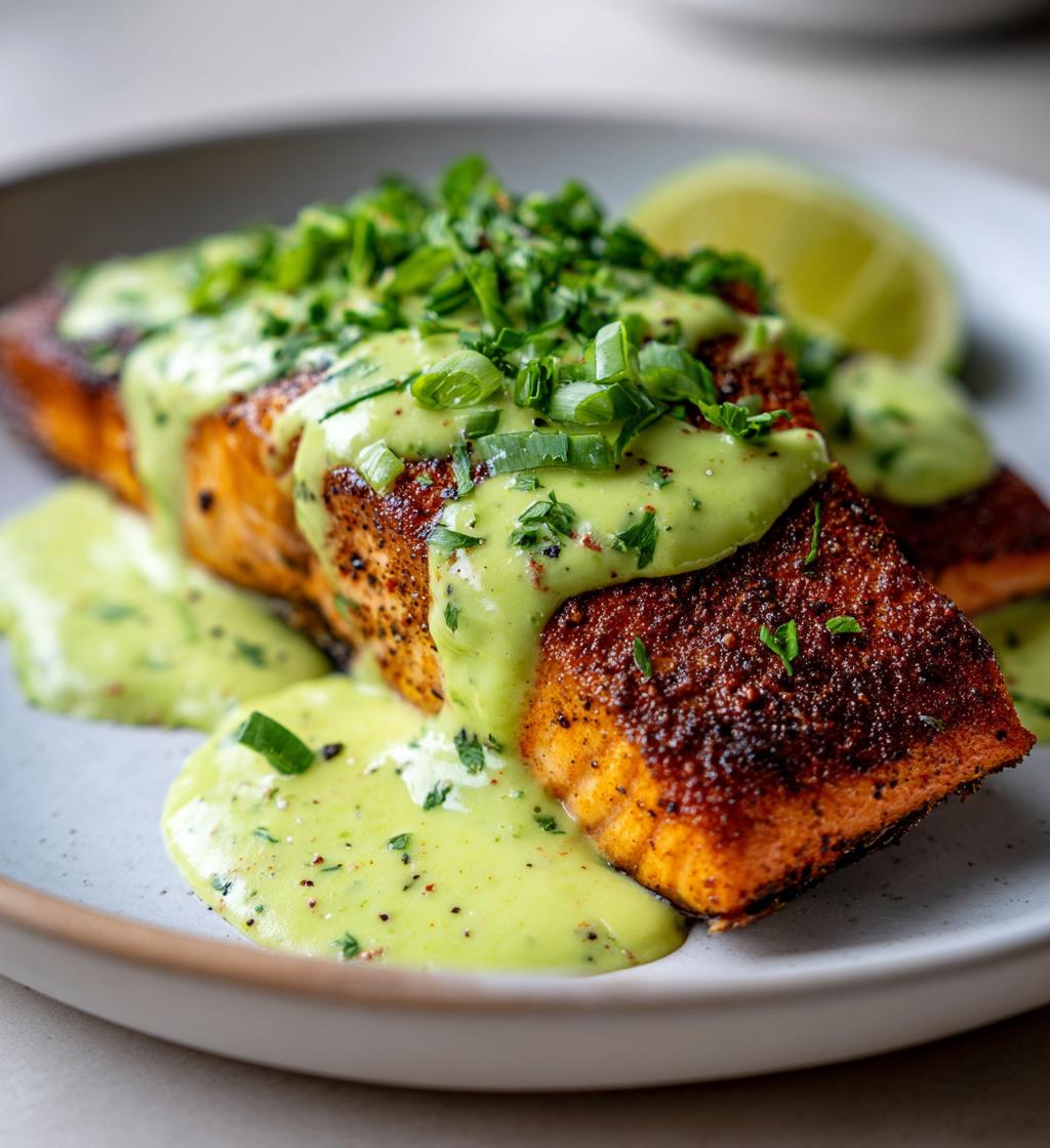 Quick Baked Cajun Salmon with Avocado Lime Sauce