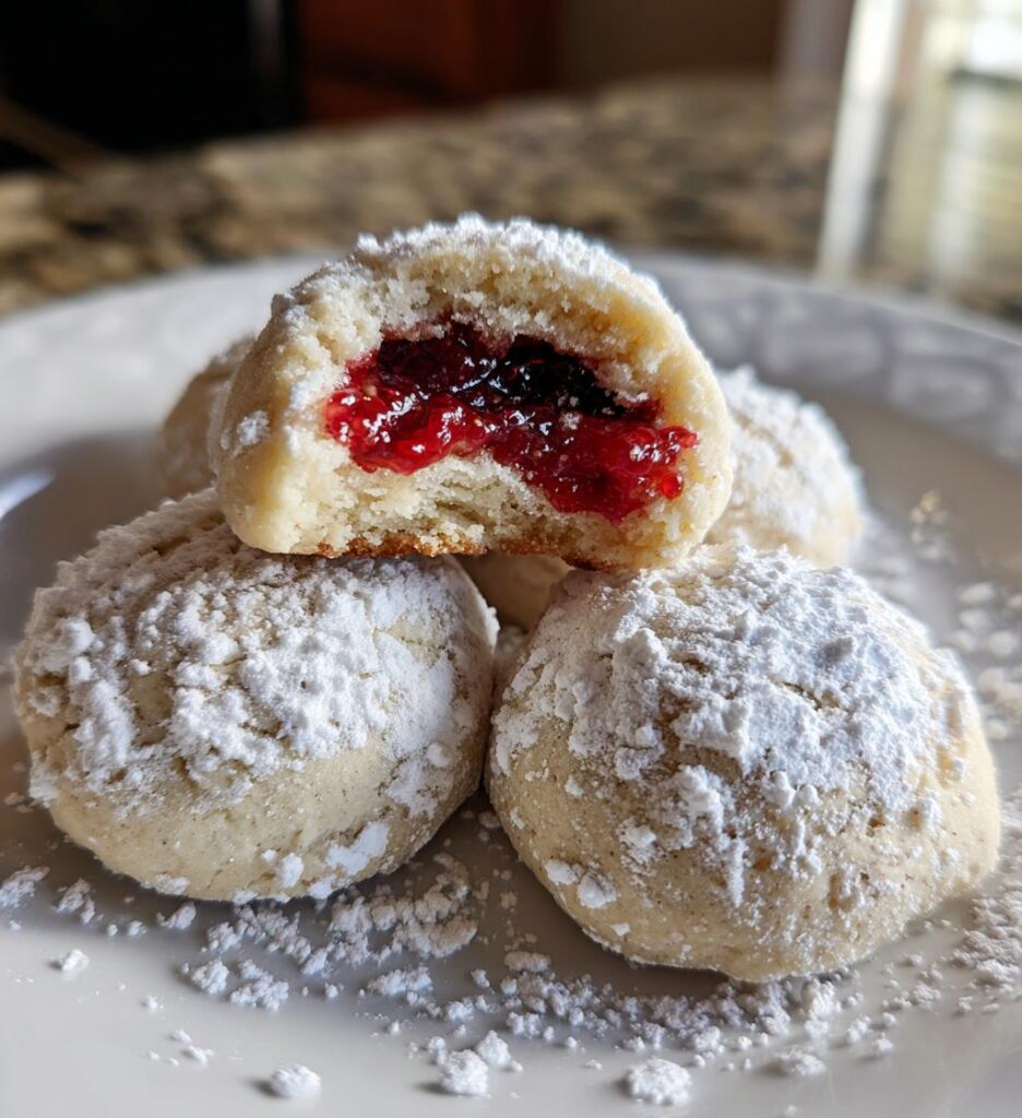 Raspberry-Filled Almond Snowball Cookies