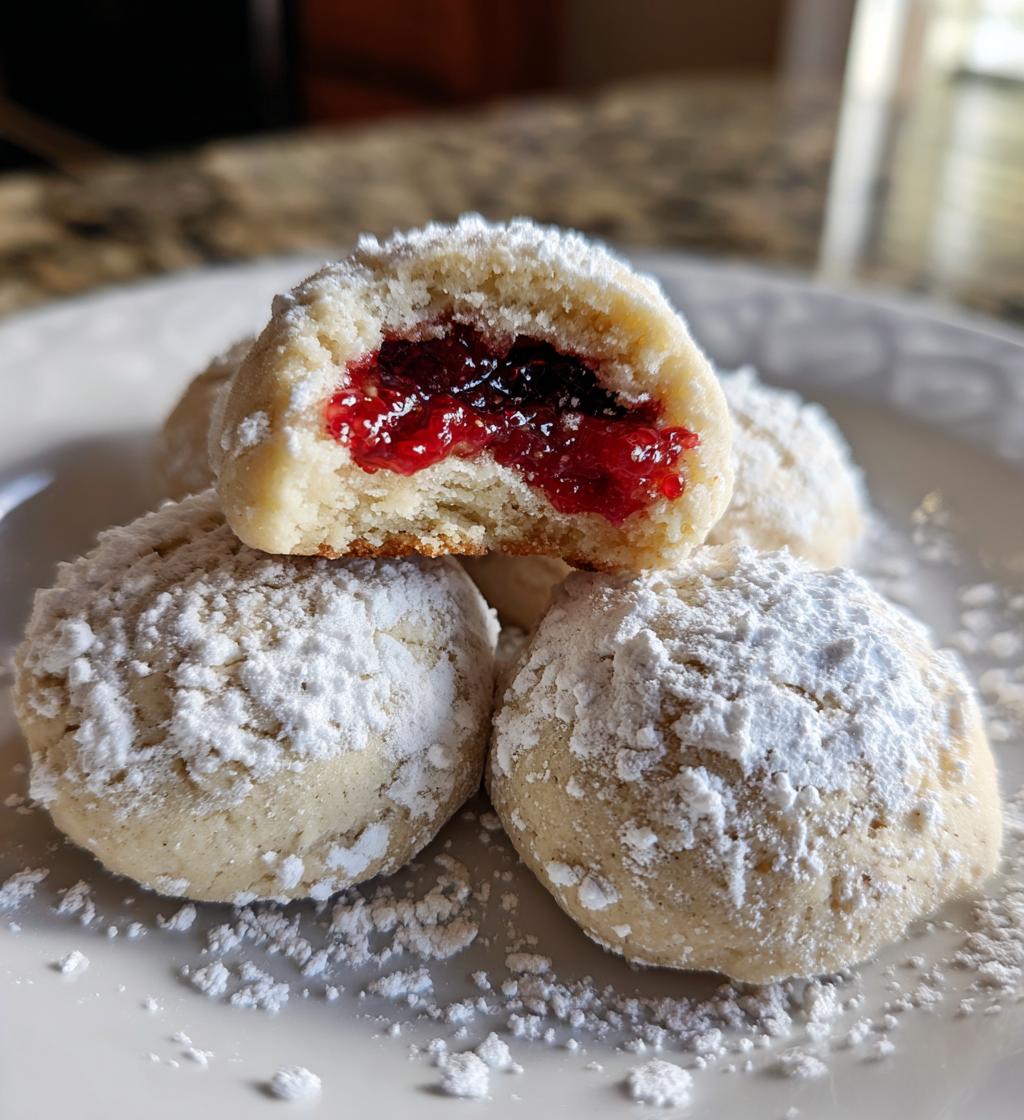 Raspberry-Filled Almond Snowball Cookies