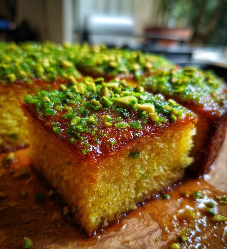 Saffron Pistachio Basbousa