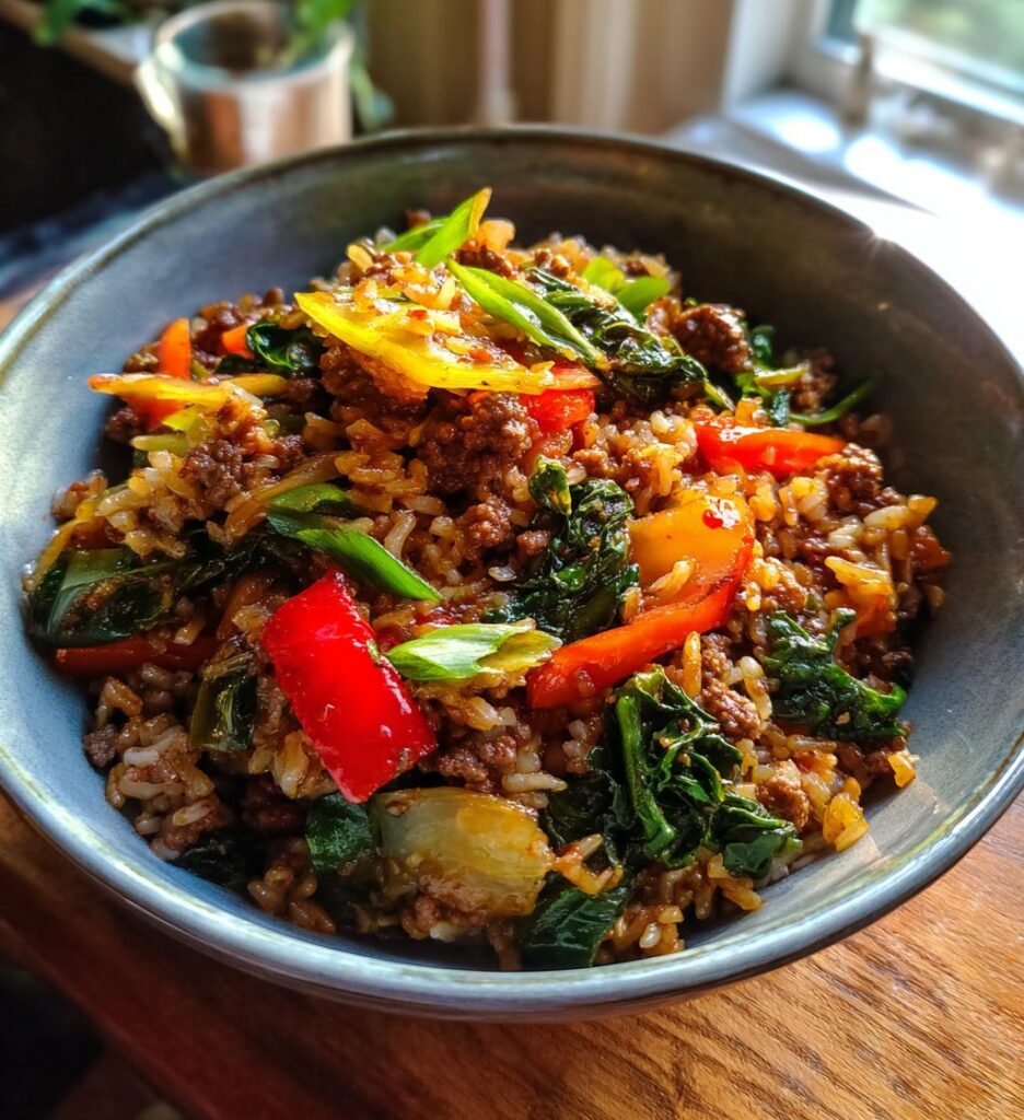 Spicy Ground Beef Stir Fry Bowl with Garlic Veggies Steamy Rice