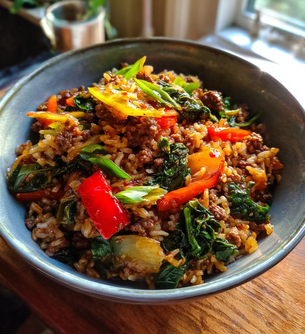 Spicy Ground Beef Stir Fry Bowl with Garlic Veggies Steamy Rice