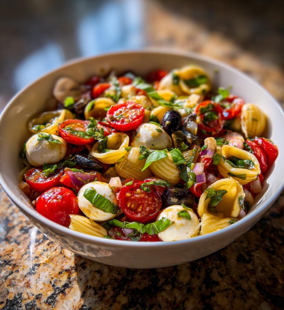pasta salad with mozzarella eyeballs