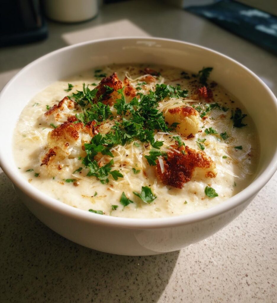 Asiago Roasted Garlic Cauliflower Soup