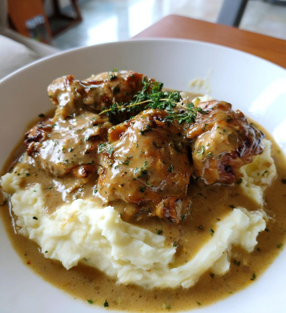 Chicken and Garlic Gravy with Cheesy Mashed Potatoes