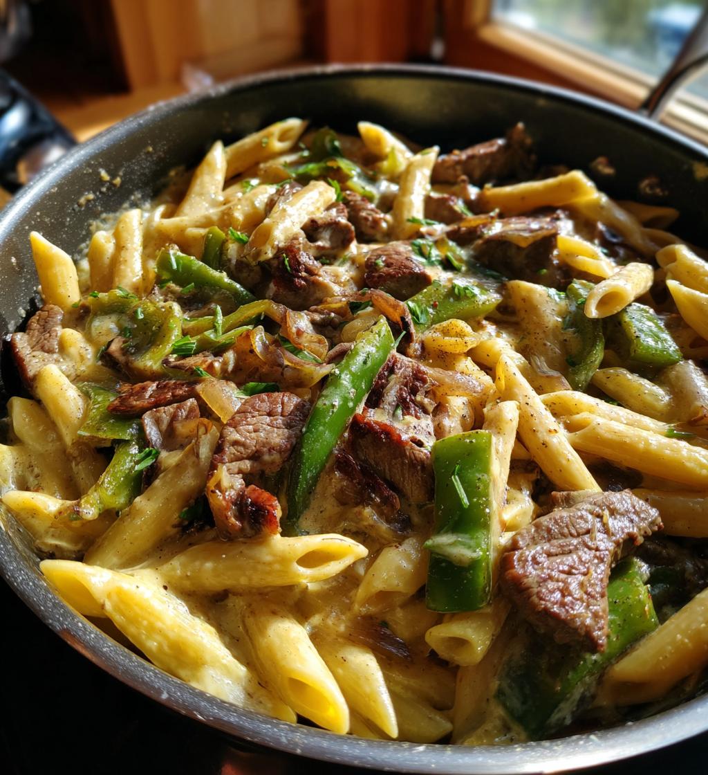 Creamy Cheesy Philly Cheesesteak Pasta
