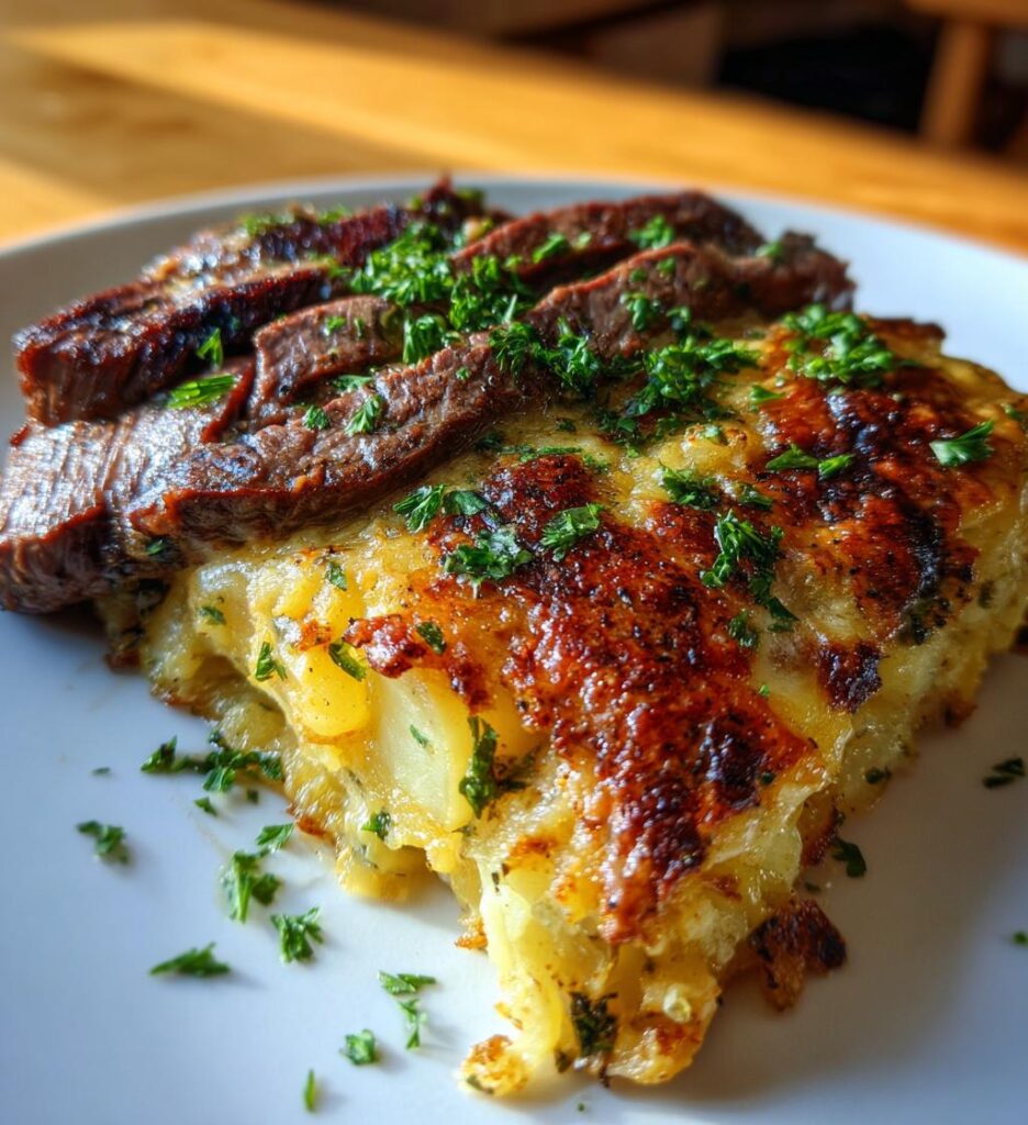 Garlic Butter Steak & Cheddar Potato Bake