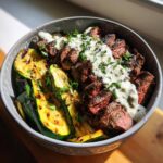Grilled Steak Bowl with Creamy Sauce & Grilled Zucchini