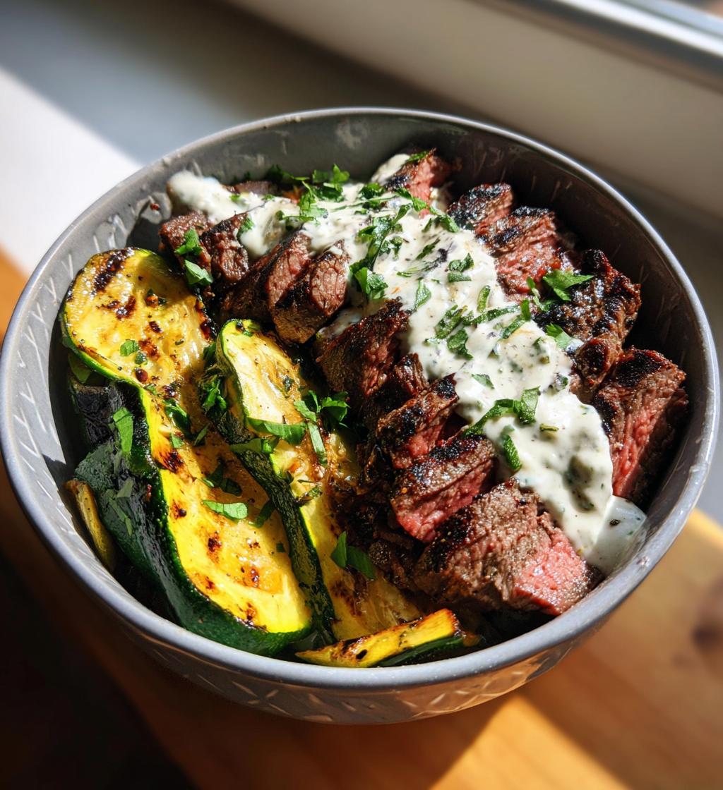 Grilled Steak Bowl with Creamy Sauce & Grilled Zucchini
