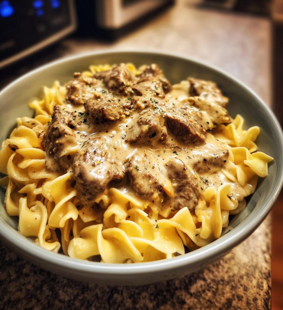 Homemade Peppercorn Steak Stroganoff Egg Noodles