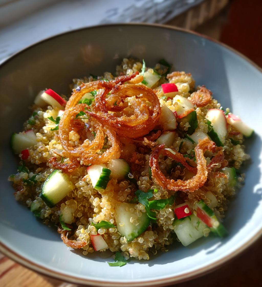 Honey Mustard Quinoa Apple Salad with Crispy Shallots
