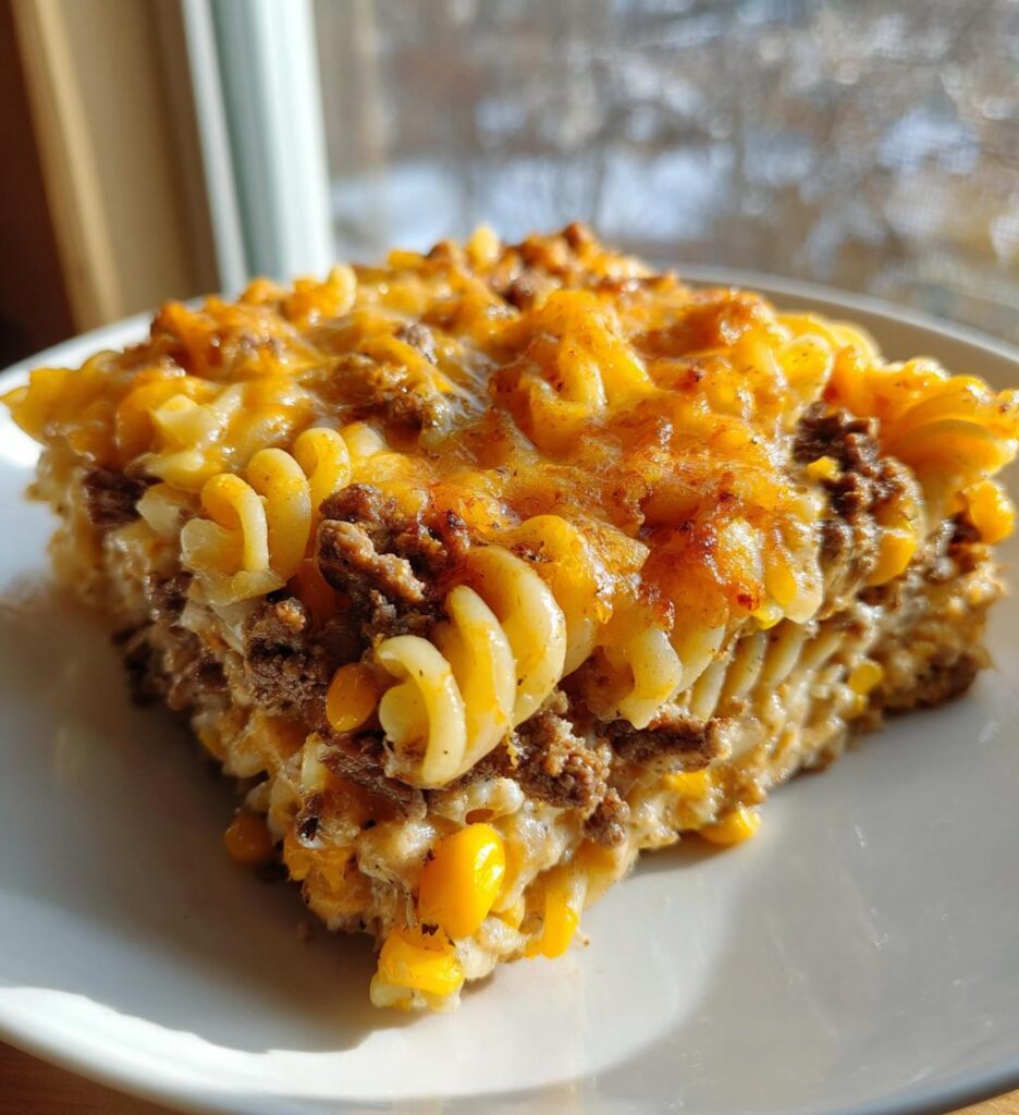 Loaded Cheddar Ranch Beef and Sweet Corn Rotini Bake