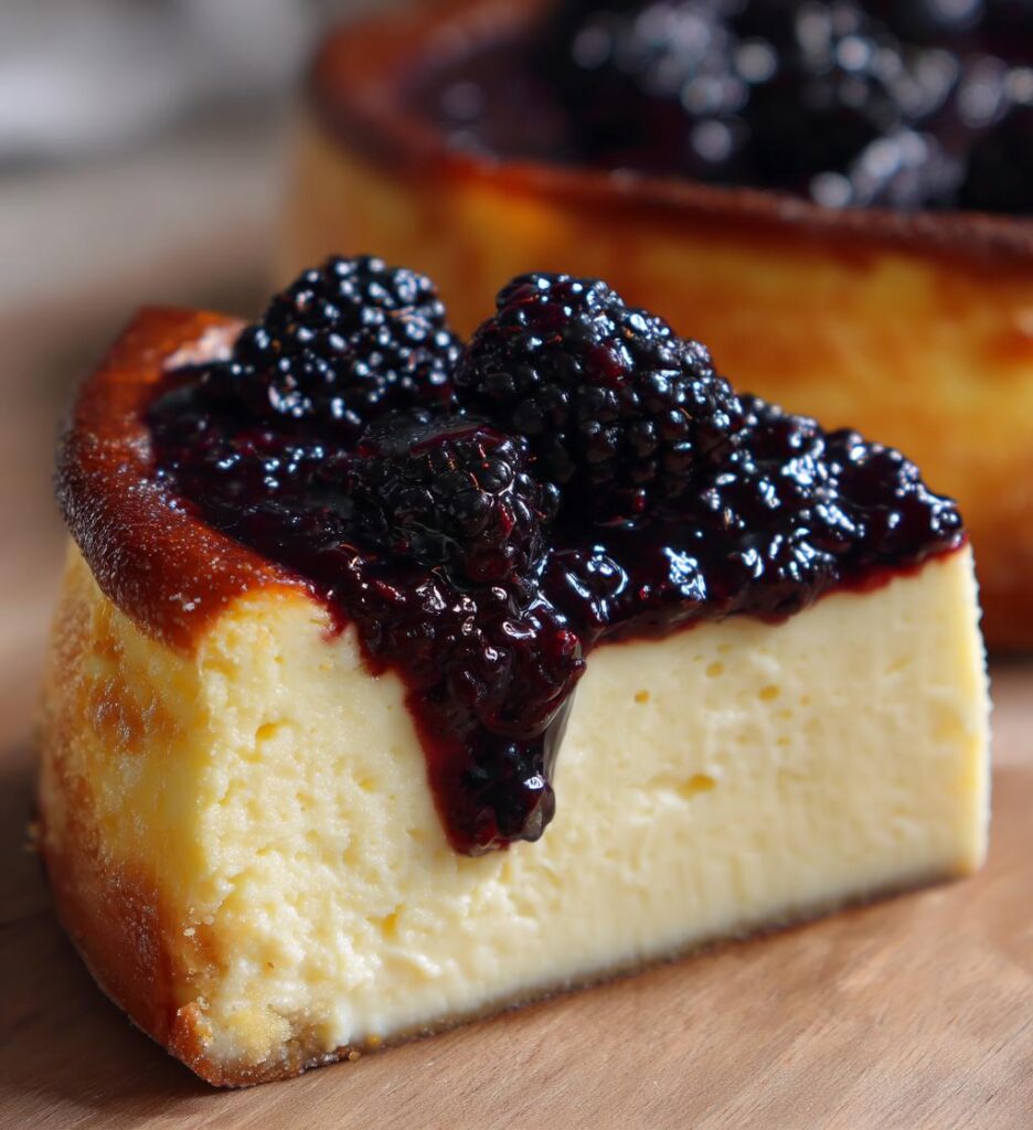 London Fog Basque Cheesecake with Blackberry Sauce