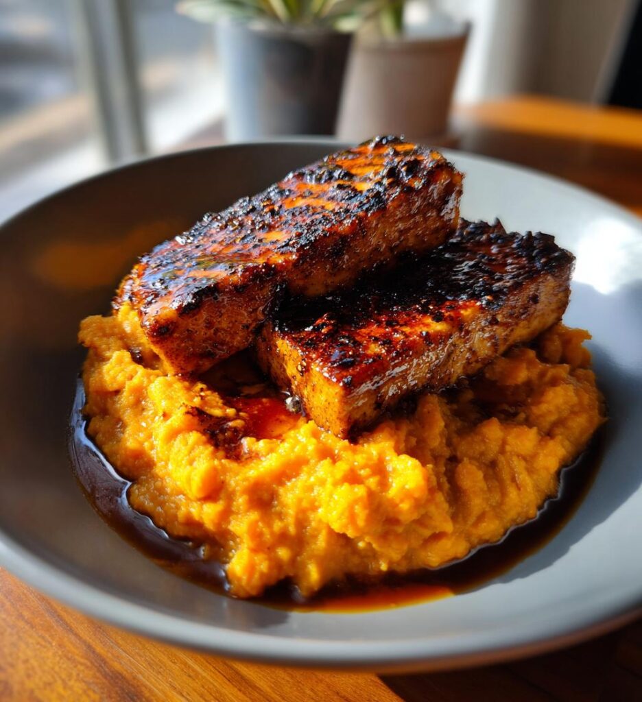 Smoky Tofu Steak with Creamy Mashed Sweet Potatoes