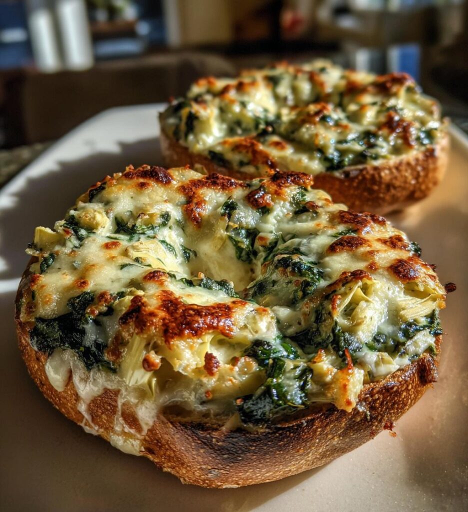 Cheesy Spinach-Artichoke Bagels