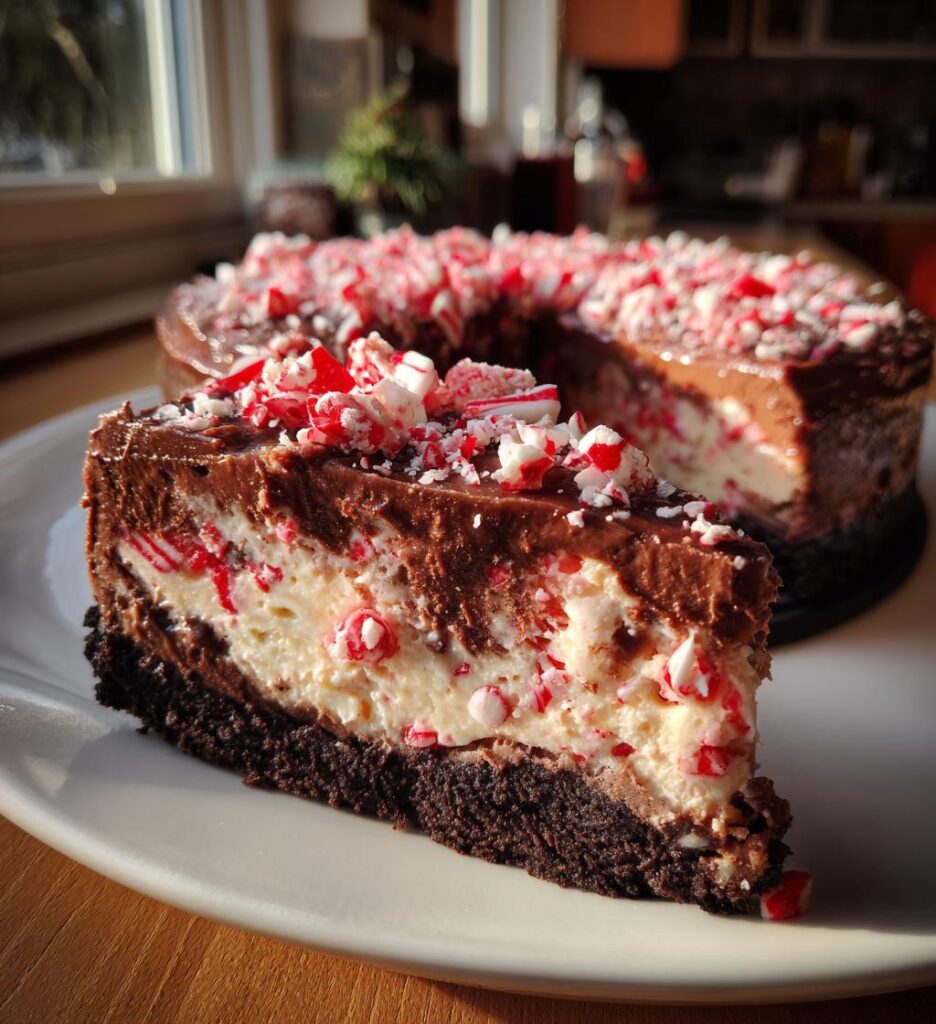 Chocolate Candy Cane Cheesecake Cake