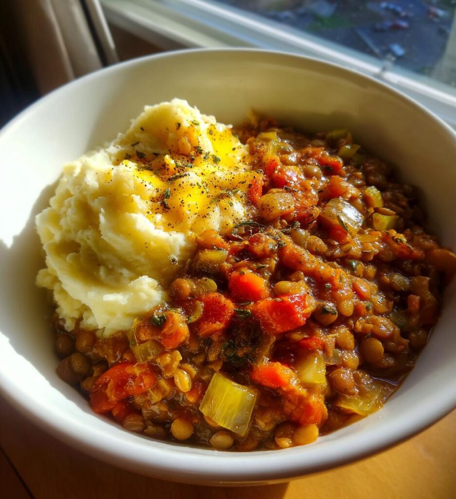 Hearty Lentil Stew & Creamy Mashed Potato Bowl