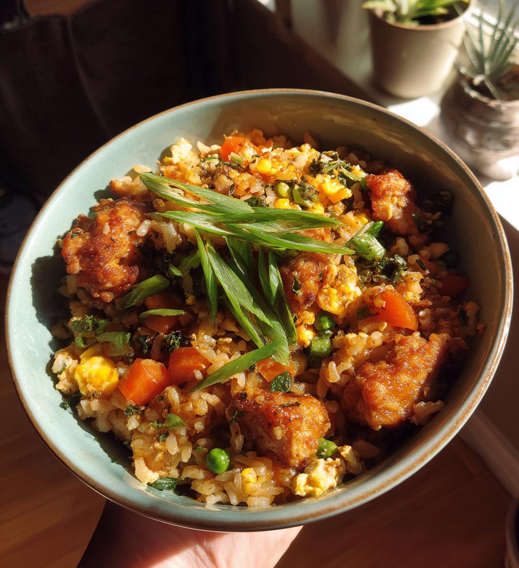 High Protein Crispy Garlic Chicken Fried Rice Bowl