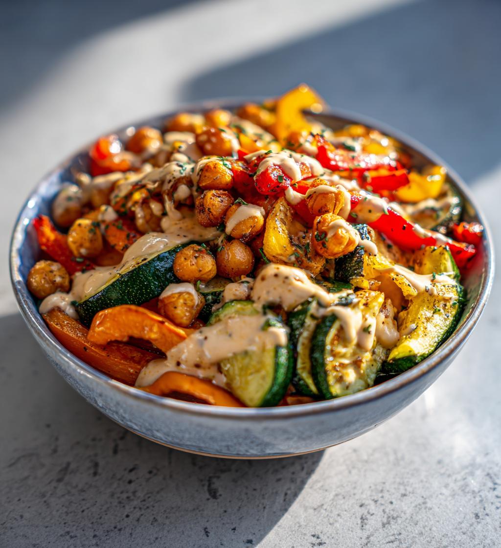 Roasted Veggie Chickpea Bowls with Maple Dijon Tahini Dressing