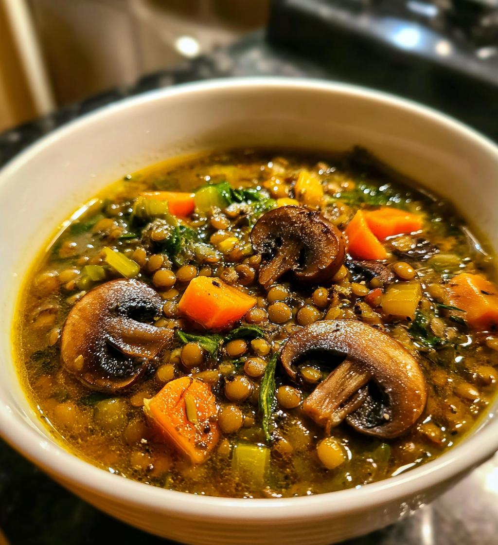 French Lentil Mushroom Soup - detail 1