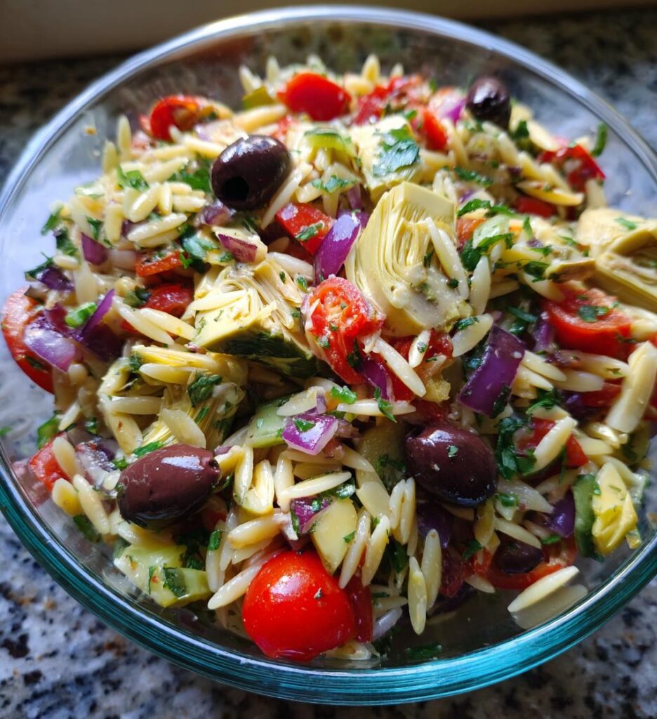 Artichoke Olive Orzo Salad