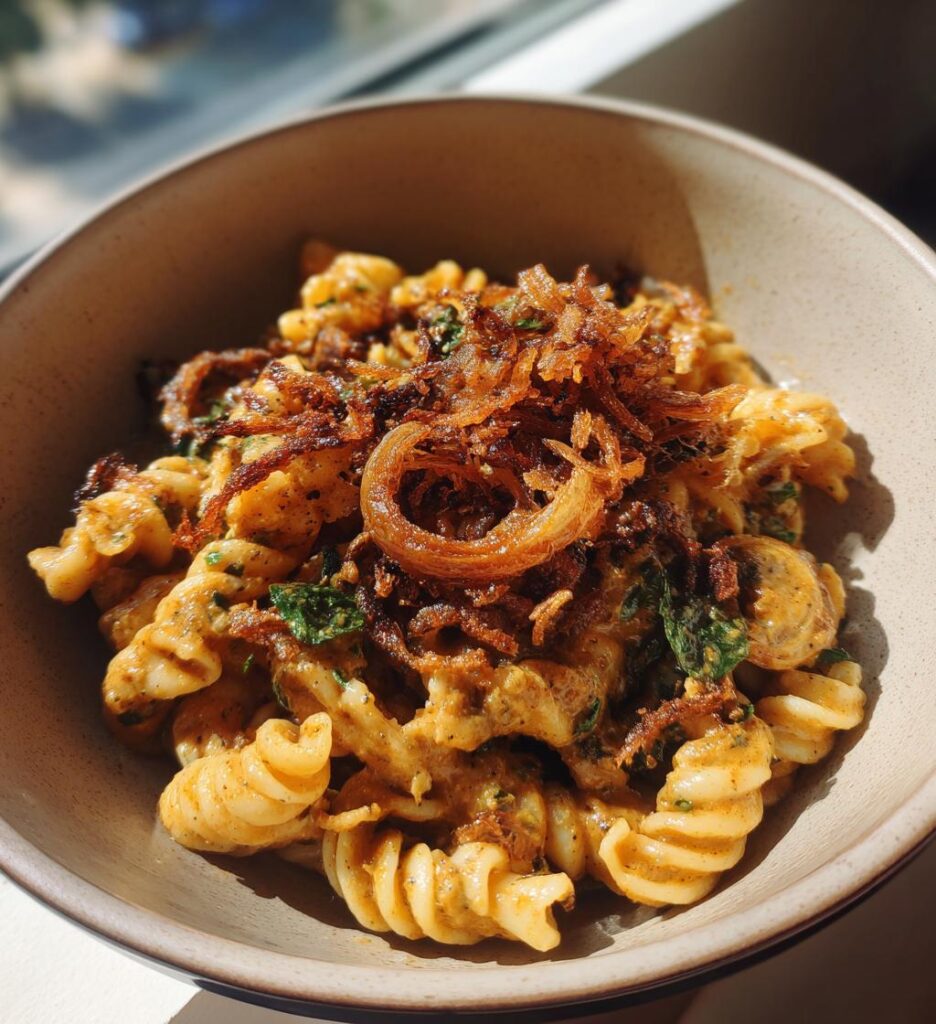 Brown Butter Miso Roasted Garlic Radiatori with Crispy Shallots