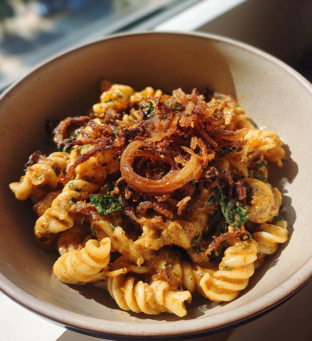 Brown Butter Miso Roasted Garlic Radiatori with Crispy Shallots