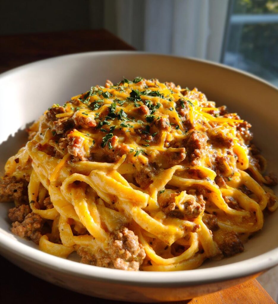 Creamy Loaded Cheeseburger Alfredo Pasta