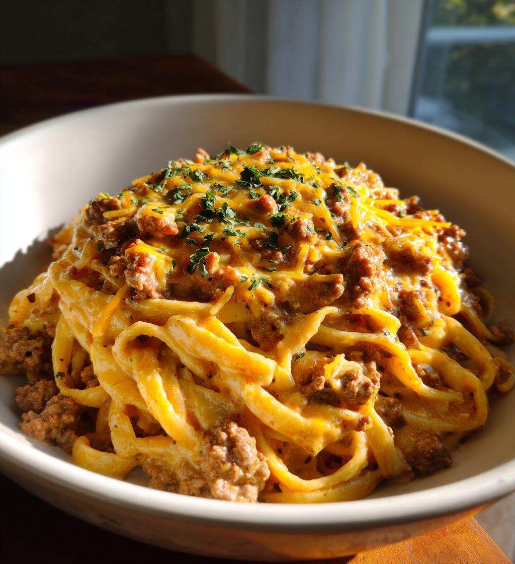 Creamy Loaded Cheeseburger Alfredo Pasta