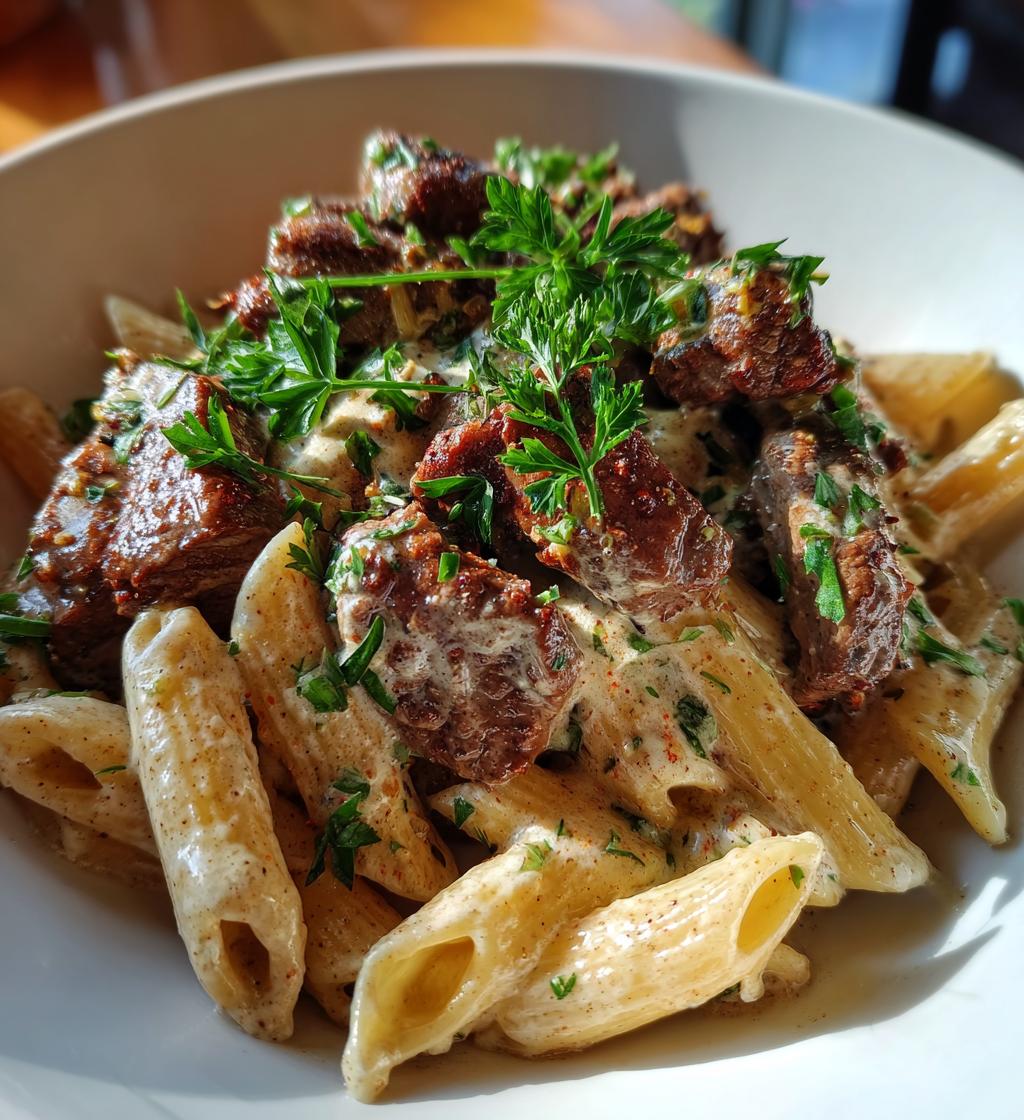 Easy Cajun Steak Tips with Penne Creamy Parmesan Sauce