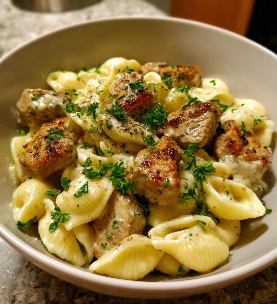 Garlic Butter Steak Bites Alfredo Pasta Shells