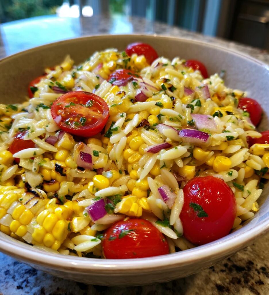 Grilled Corn Orzo Salad with Scallion Dill Dressing