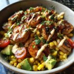 Grilled Shrimp Bowl Avocado Corn Salsa Creamy Garlic Sauce