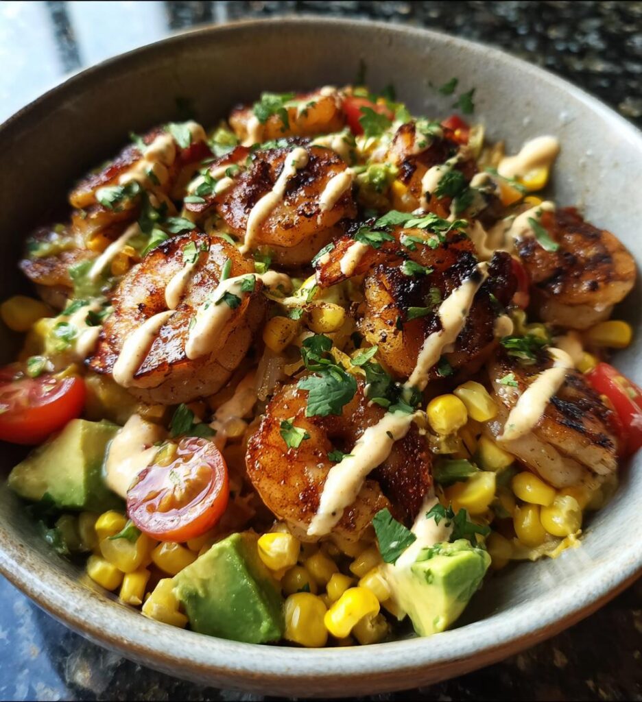 Grilled Shrimp Bowl Avocado Corn Salsa Creamy Garlic Sauce