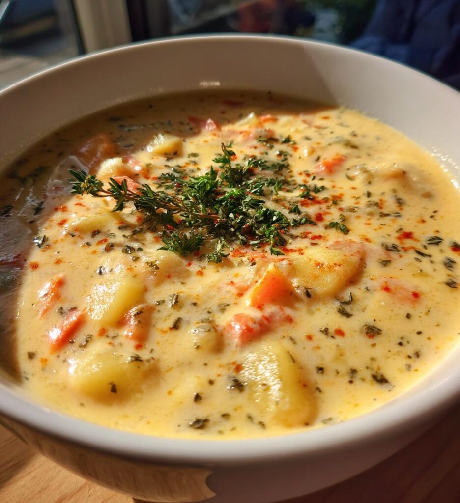 Hearty Cheddar Garlic Herb Potato Soup
