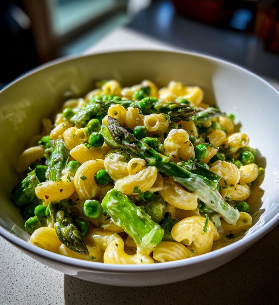 Lemon Dijon Asparagus and Pea Macaroni Salad