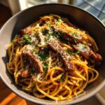 One Skillet Spicy Garlic Butter Parmesan Steak Pasta