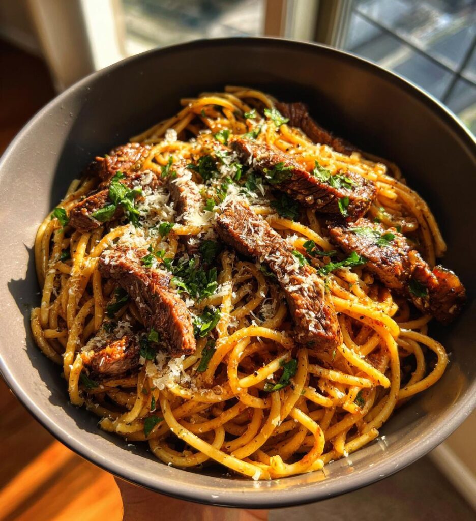 One Skillet Spicy Garlic Butter Parmesan Steak Pasta