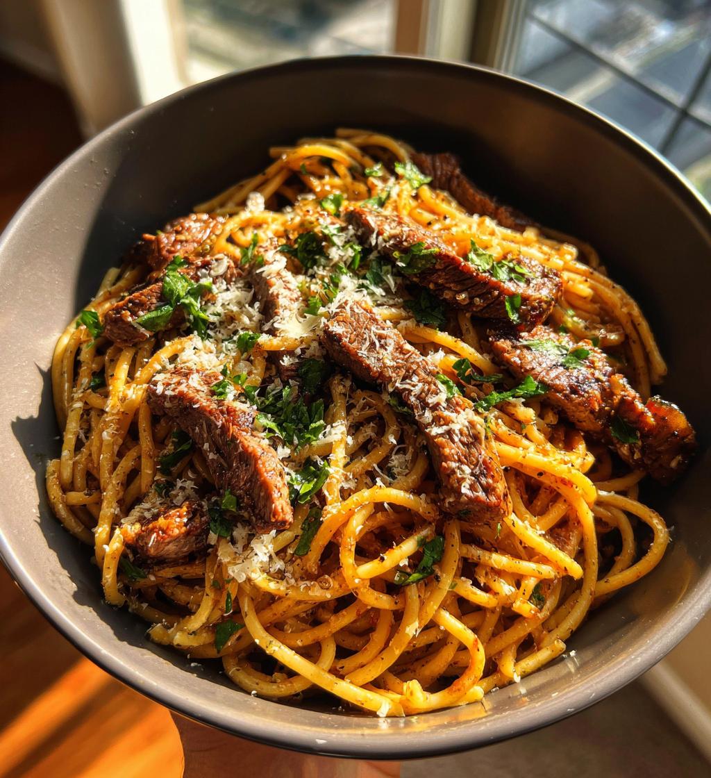One Skillet Spicy Garlic Butter Parmesan Steak Pasta