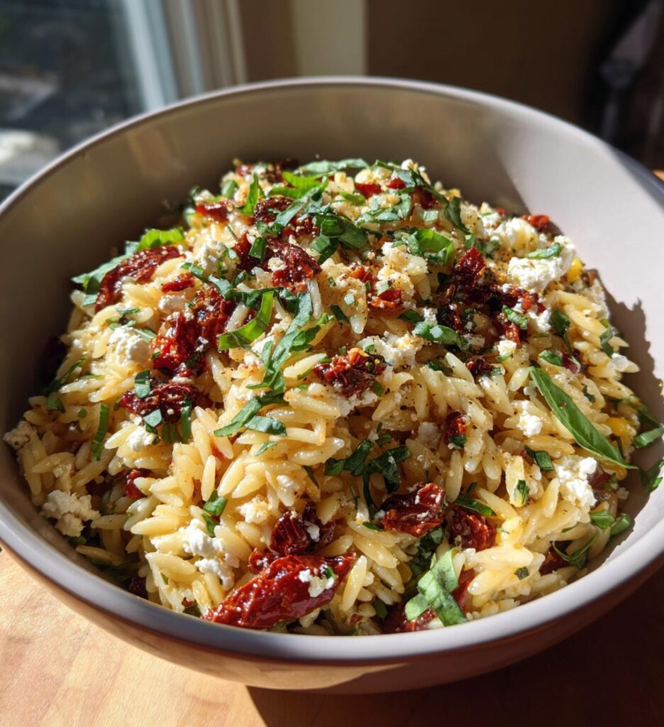 Orzo Pasta Salad with Feta and Sun Dried Tomatoes