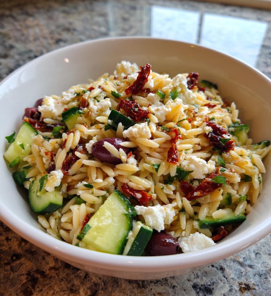 Perfect Orzo Pasta Salad with Feta and Sun Dried Tomatoes