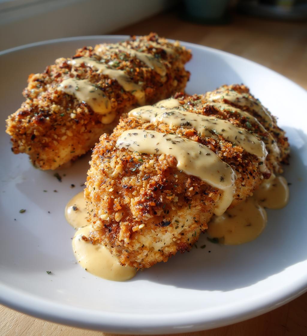 Pretzel Chicken with Creamy Mustard Cheddar Sauce