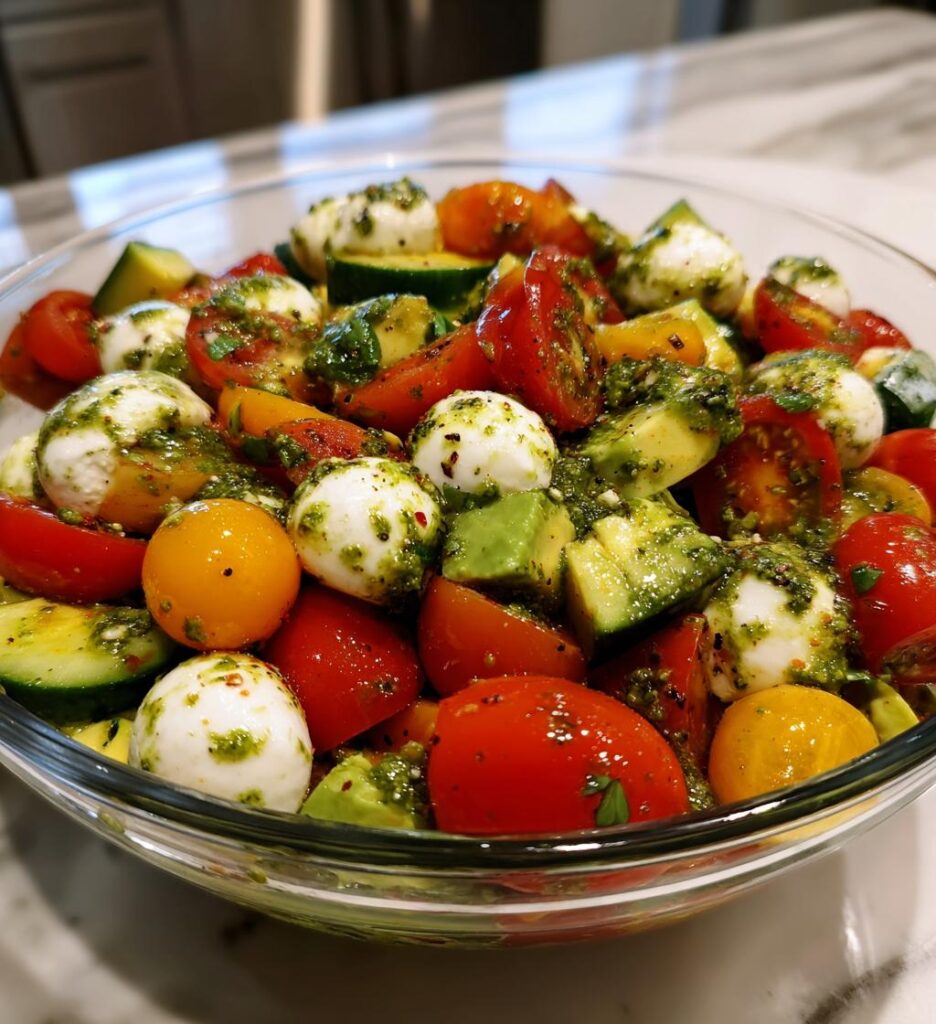 Tomato Cucumber Salad with Avocado Mozzarella and Basil Pesto