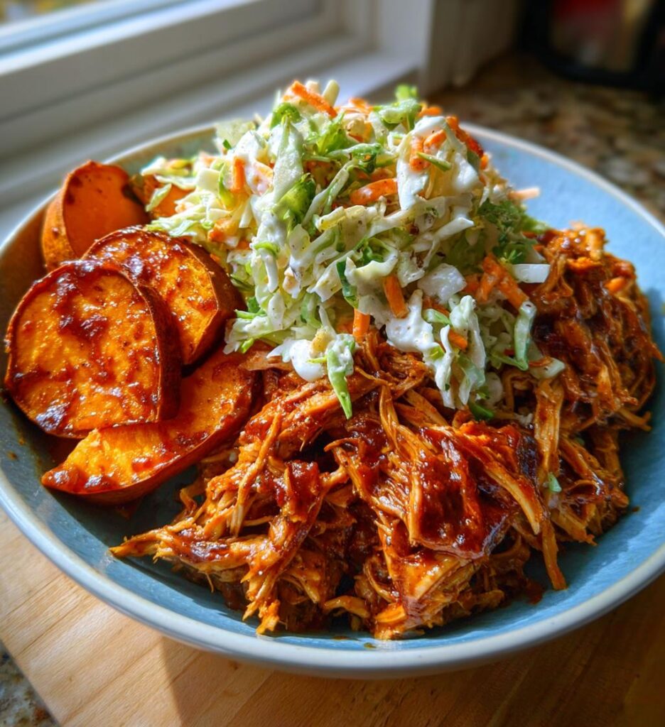BBQ Chicken Bowls with Sweet Potatoes and Coleslaw
