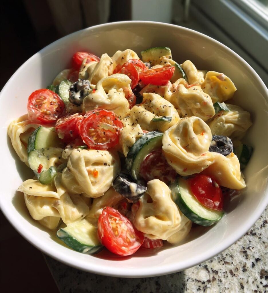 Creamy Greek Pasta Salad with Cheese Tortellini