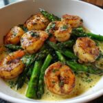 Grilled Shrimp Bowl with Asparagus and Creamy Garlic Sauce